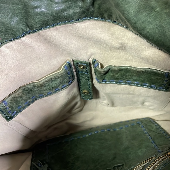 49 Square Miles Leather Hobo bag in green with purple stitching. - Picture 8 of 10